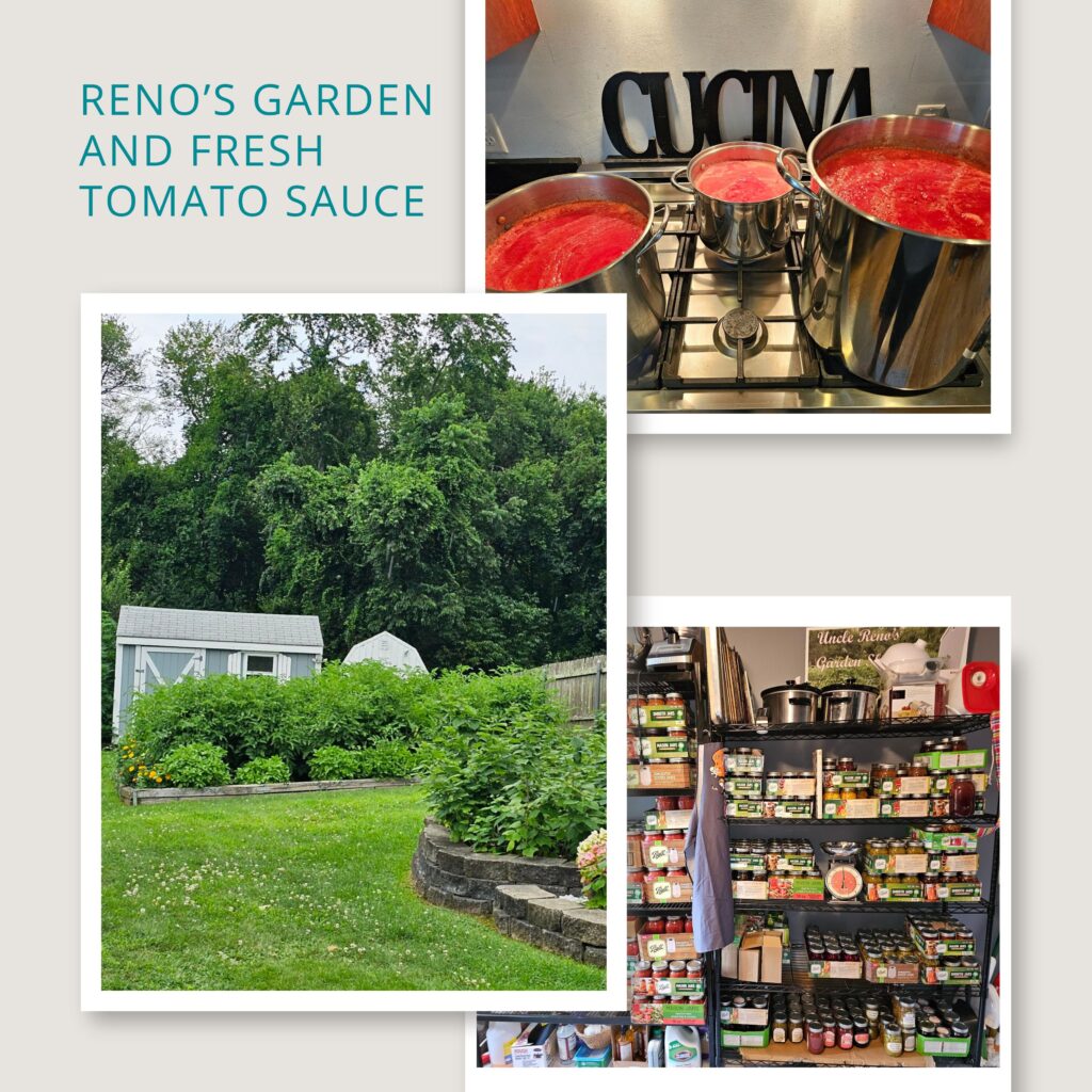 Collage of photos of garden and tomato sauce